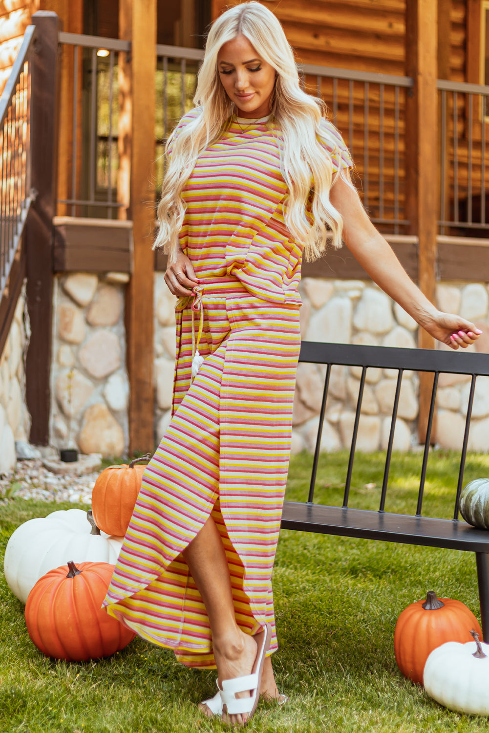 Yellow Stripe Rainbow Tee Tasseled String Wide Leg Pants Set BB Fashion Outlet