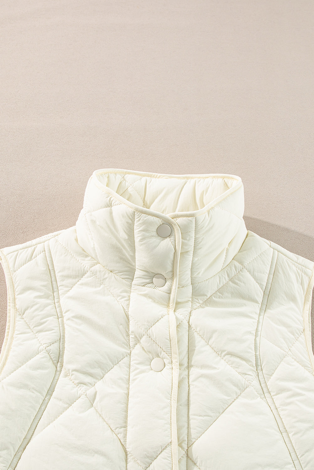 Quilted High Neck Button-Up Pocket Gilet – Beige