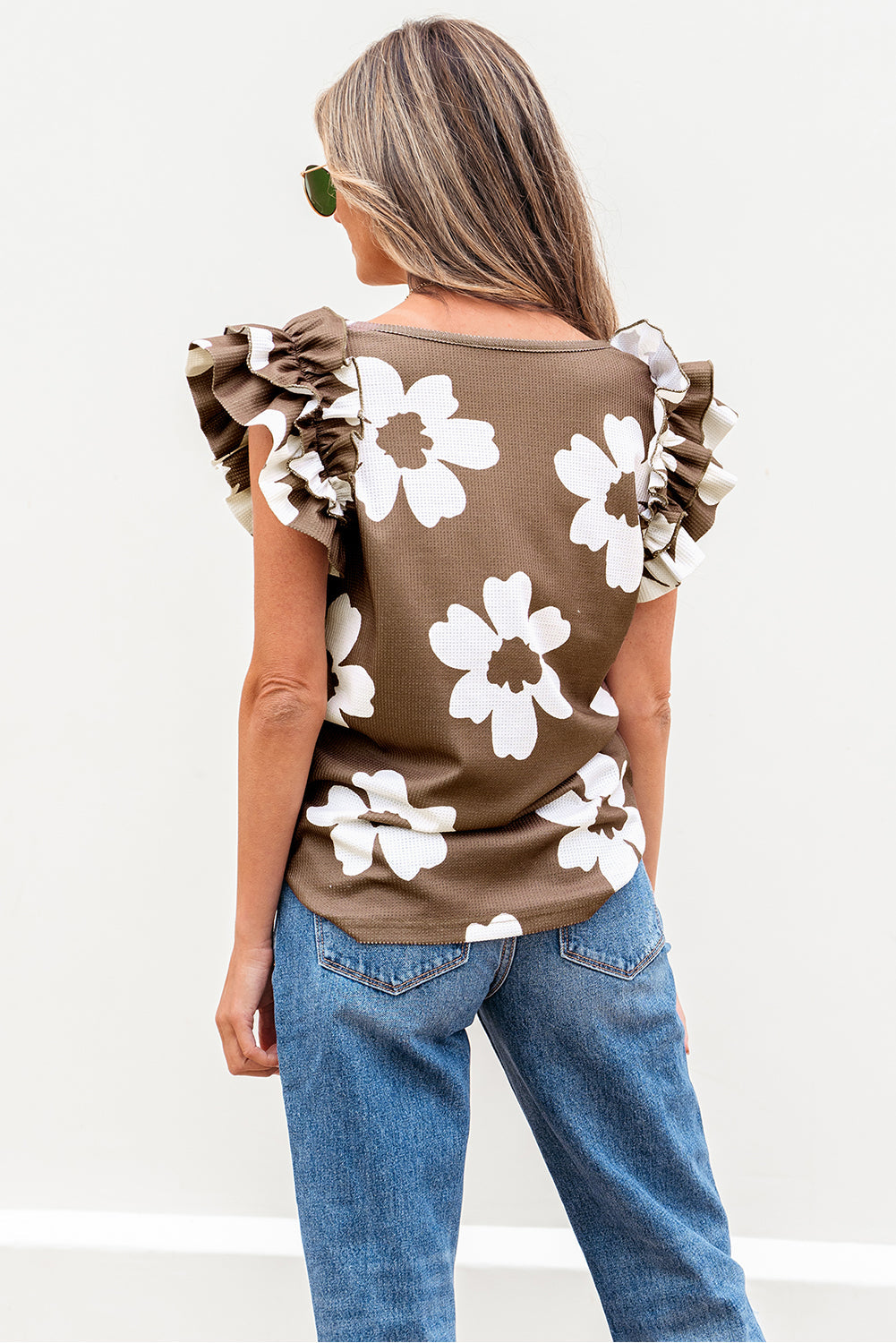 Floral Textured Ruffled Short Sleeve Square Neck Blouse eAura