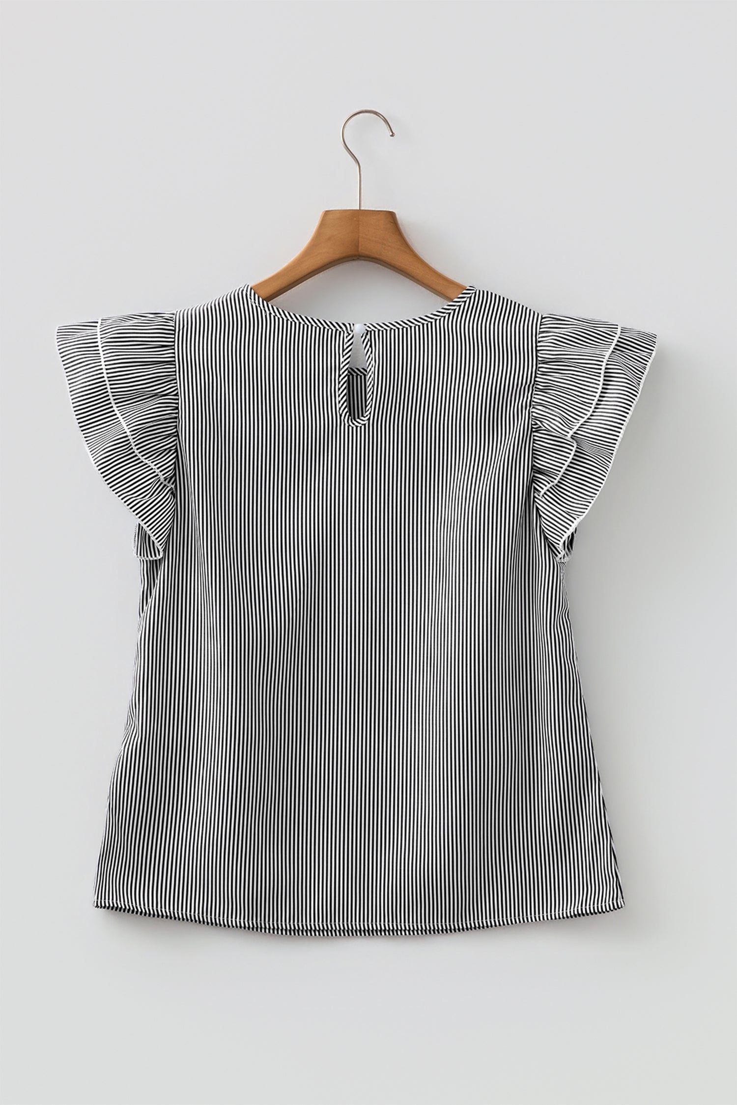 Striped Ruffle Sleeve Short Sleeve Round Neck Casual Shift Blouse – Black Stripe