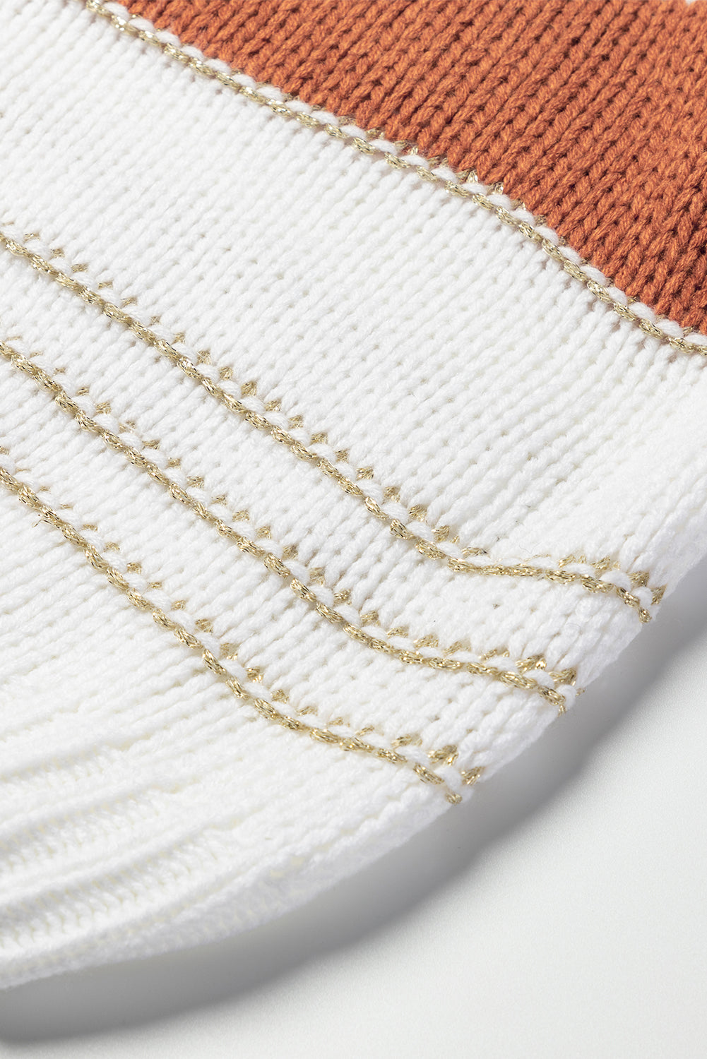 White Striped Knit Puff Sleeve Casual Sweater eAura