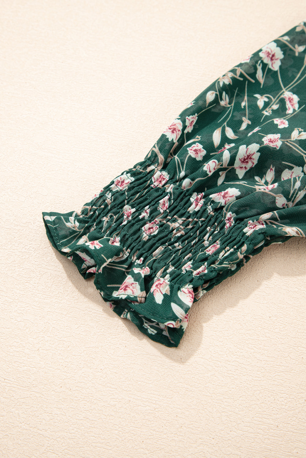 Green Smocked Square Neck Puff Short Sleeve Floral Dress eAura