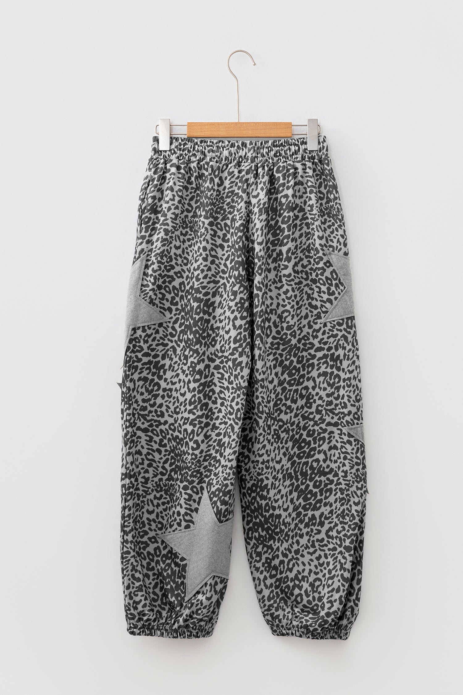 Leopard Print Star Patched Drawstring Elastic Waist Jogger Pants – Khaki