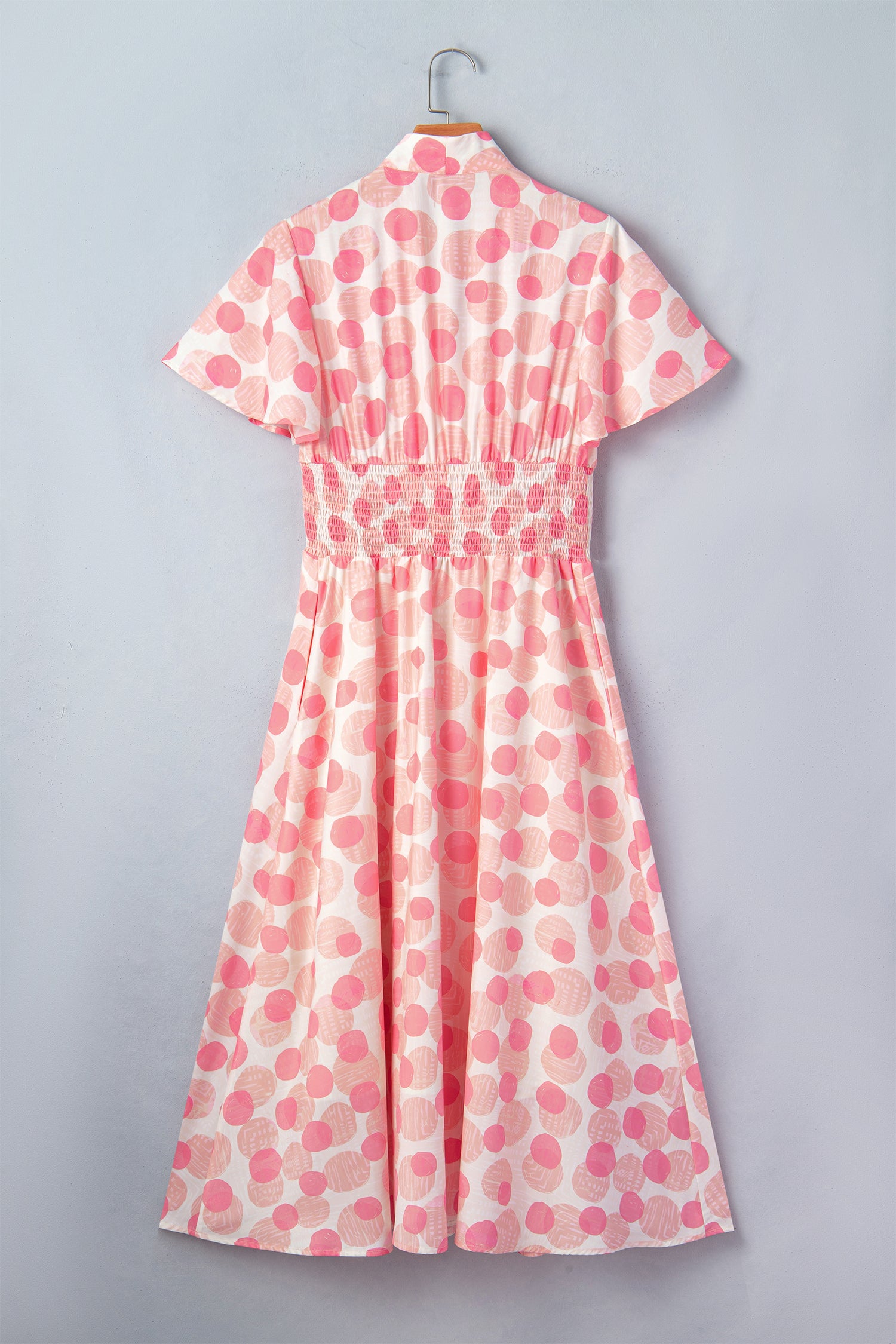 Pink Polka Dot Printed Ruffle Short Sleeve Zip Up Long Dress