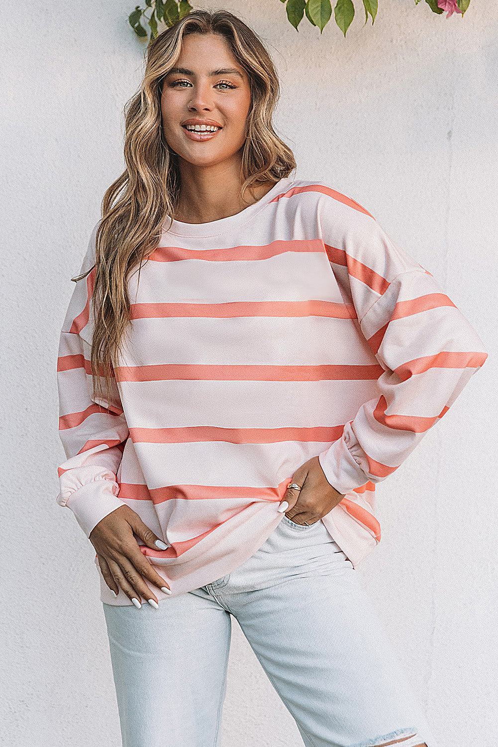 Stripe Striped Drop Shoulder Pullover Sweatshirt eAura