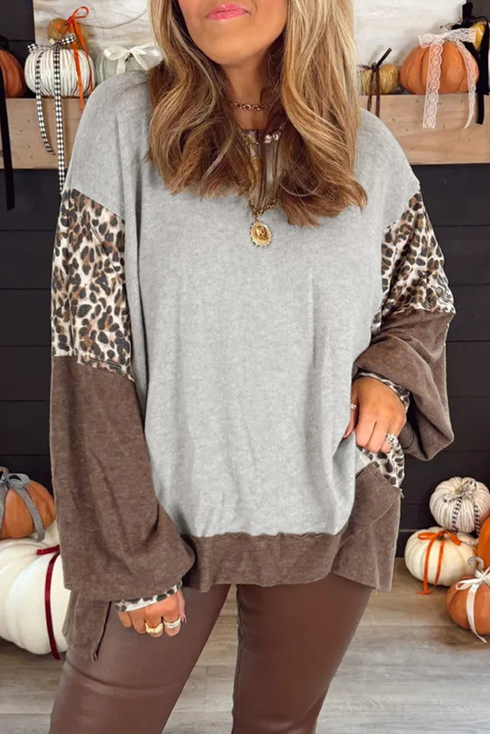 Colour Block Leopard Patchwork Dolman Sleeve High Low Baggy Sweatshirt - Grey / L - Tops/Sweatshirts & Hoodies