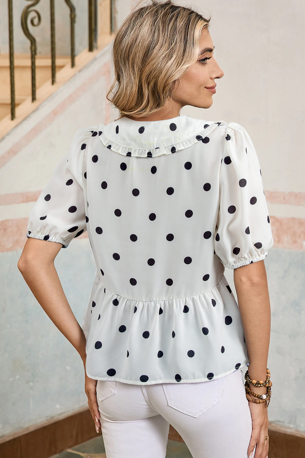 White Polka Dot Collared Tie-up Font Puff Sleeve Peplum Top eAura