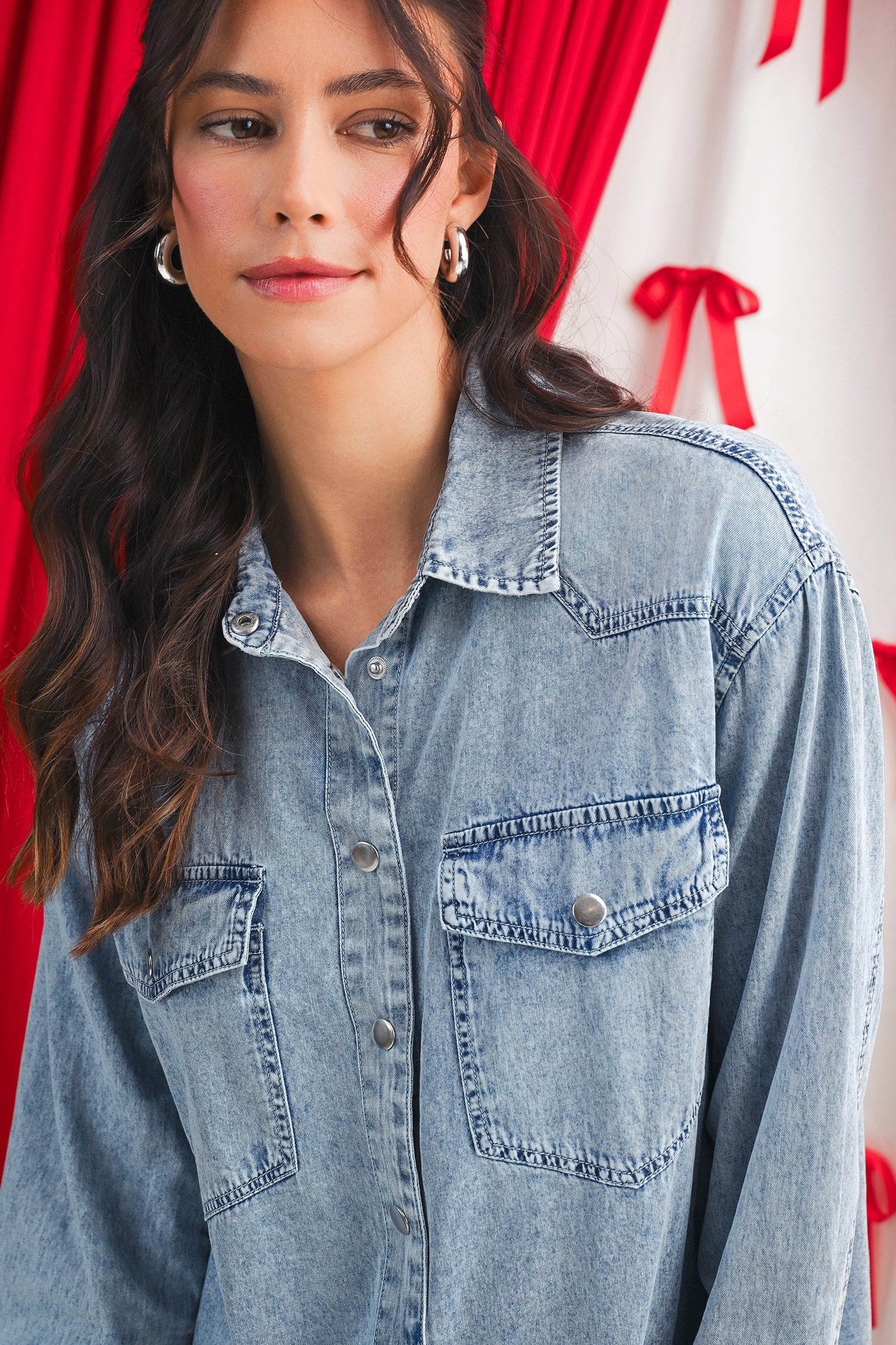 Chest Pocket Raw Hem Denim Loose Shirt Dress