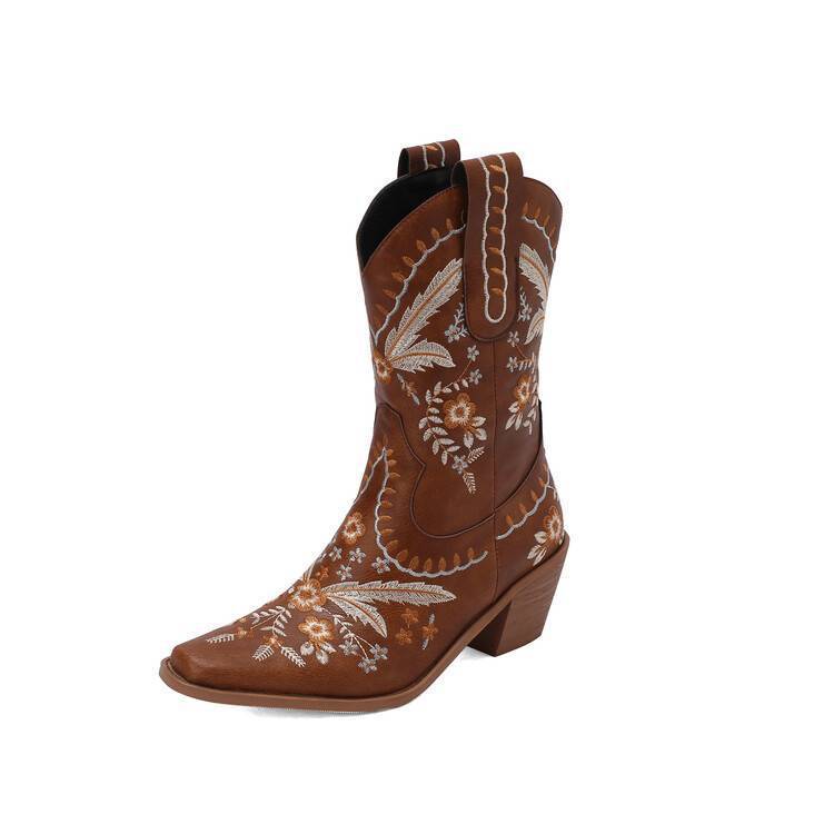 Chunky Heel Embroidery Knee-high Cowboy Boots - eAura