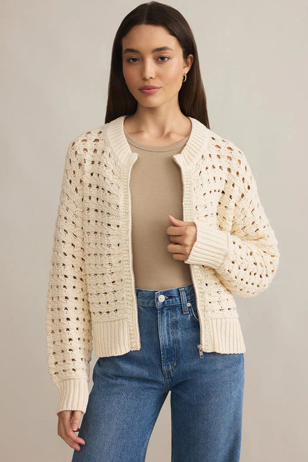 Beige Hollowed Knit Zip-Up Drop Shoulder Cardigan - eAura