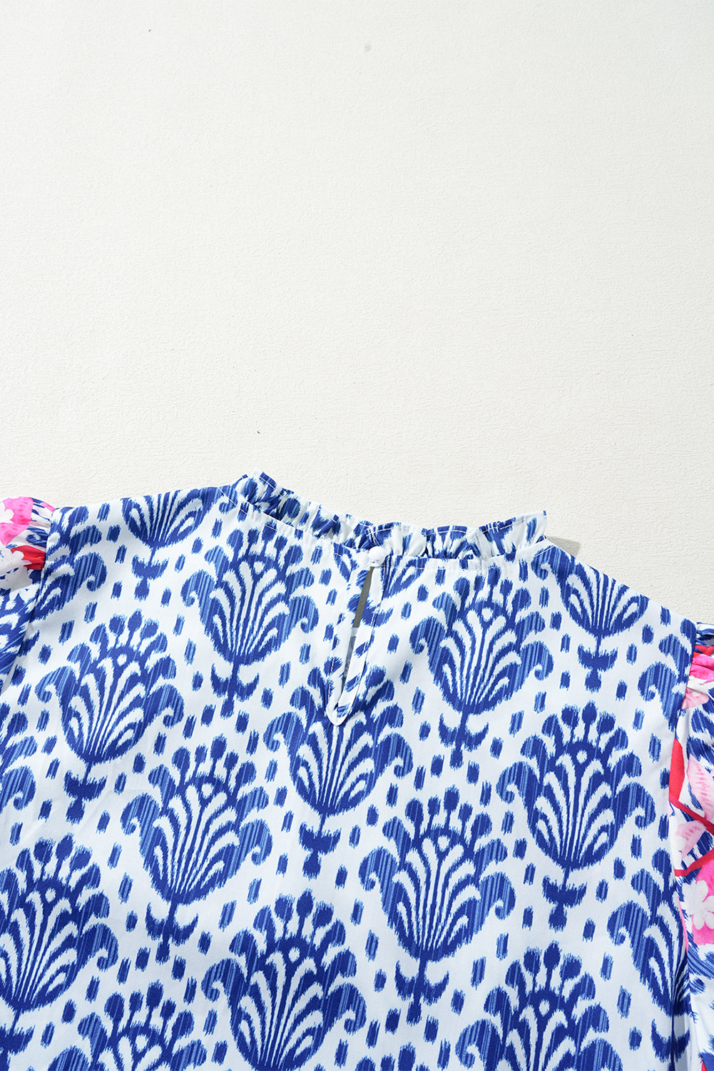 Blue Western Fashion Print Floral Puff Sleeve Frilled Neck Blouse eAura