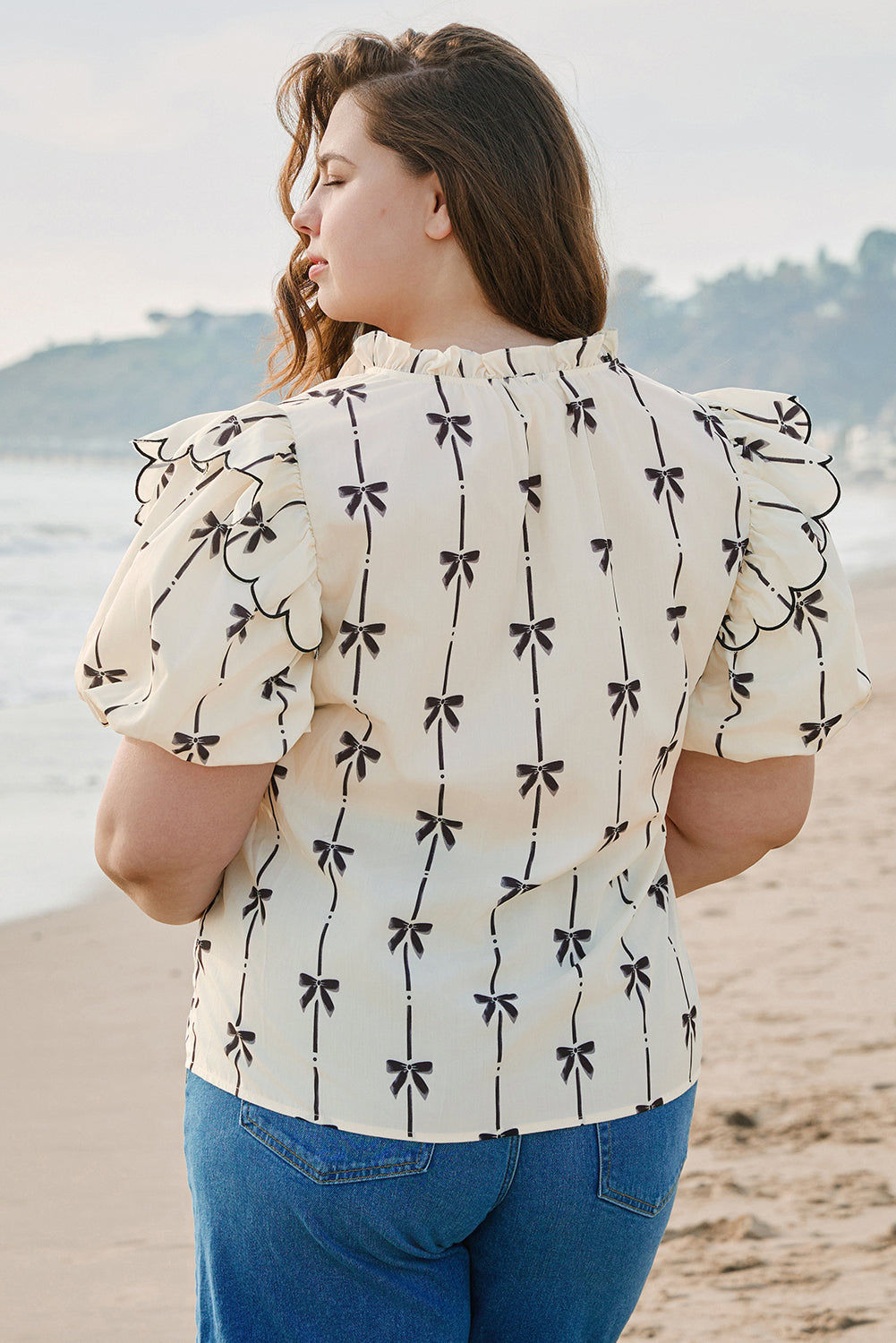 Apricot Bow Printed Ruffled Bubble Sleeve Lace-up Notched Neck Plus Size Blouse - eAura