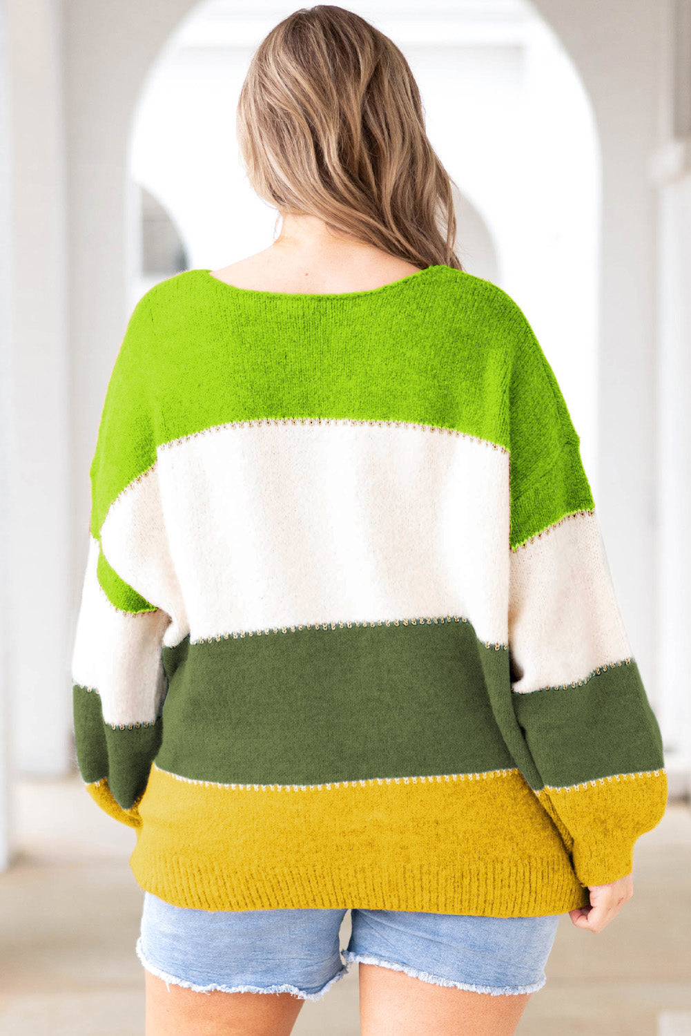 Green Plus Size Color Block Patchwork Sweater BB Fashion Outlet
