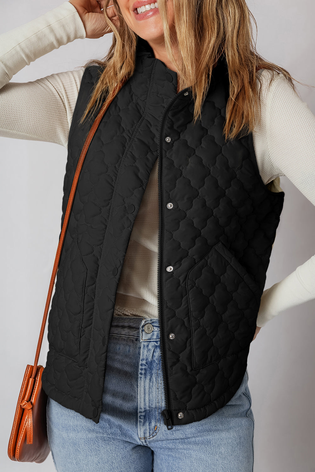 Black Flower Shape Quilted Snap Button Zip Up Winter Vest - eAura
