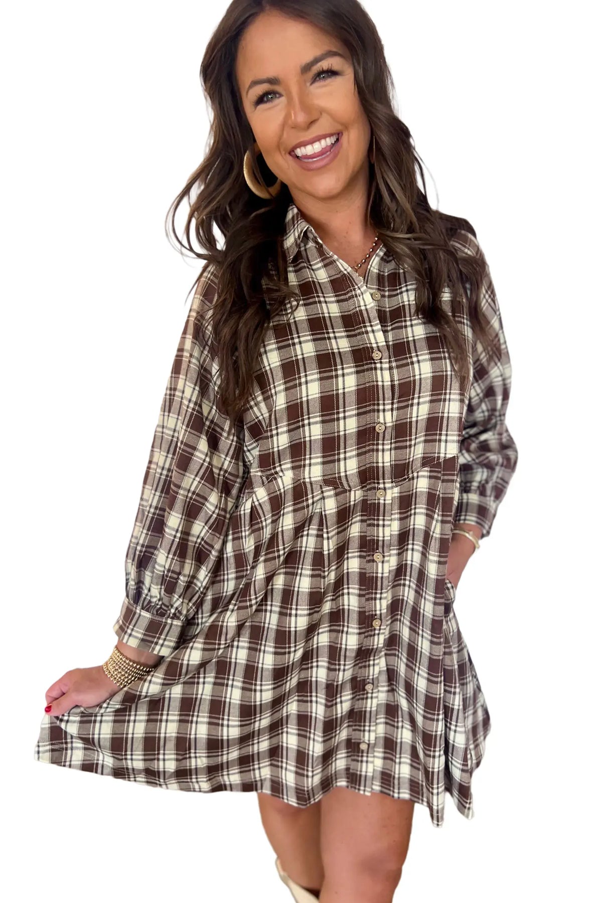 Plaid Long Sleeve Short Shift Mini Dress – Brown