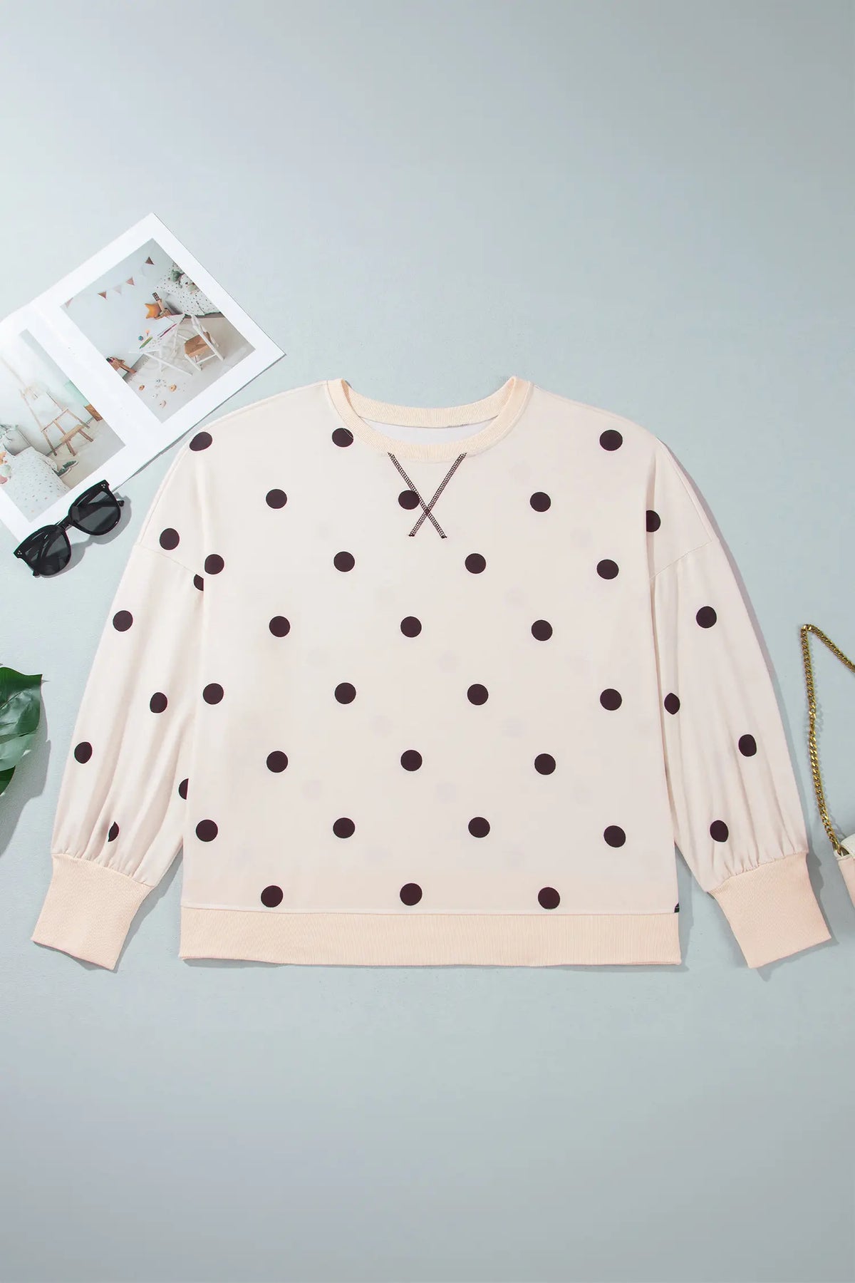 Round Neck Long Sleeve Polka Dot Plus Size Top – Beige