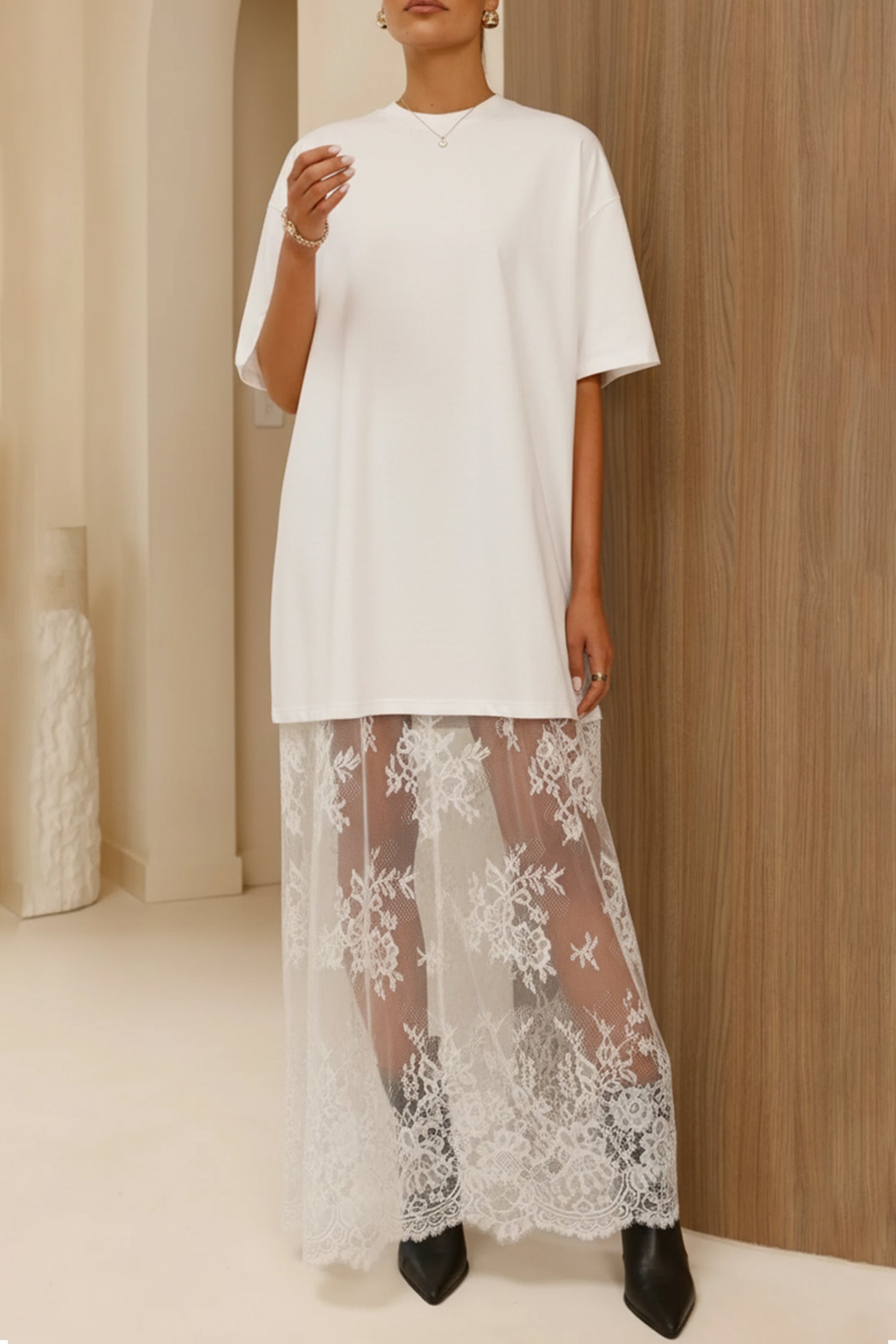 White Floral Patchwork Short Sleeve T-Shirt Loose Lace Maxi Dress