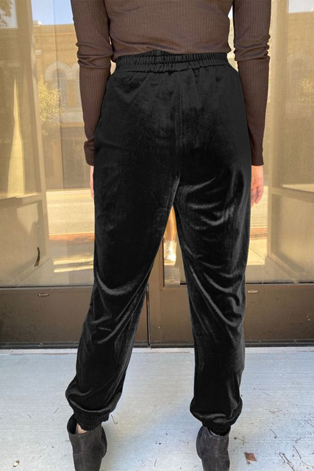 Black Solid Velvet Jogger Trousers eAura