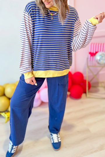 Contrast Long Sleeve Crew Neck Pullover Top – Blue Stripe