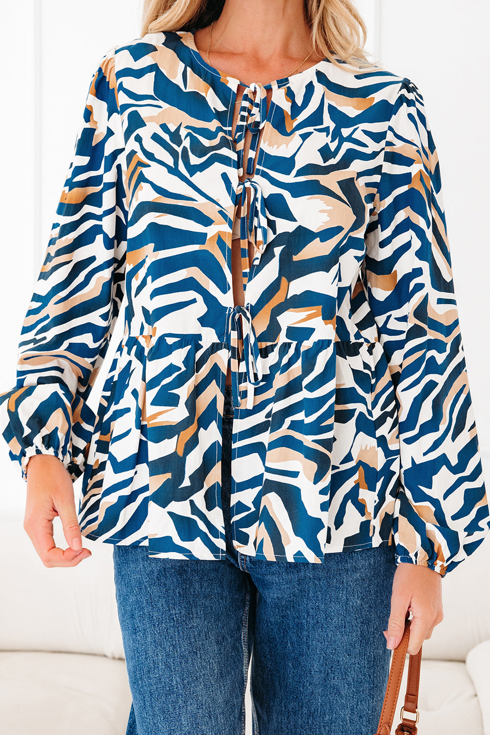 Zebra Print Tied Front Puff Sleeve Top - eAura