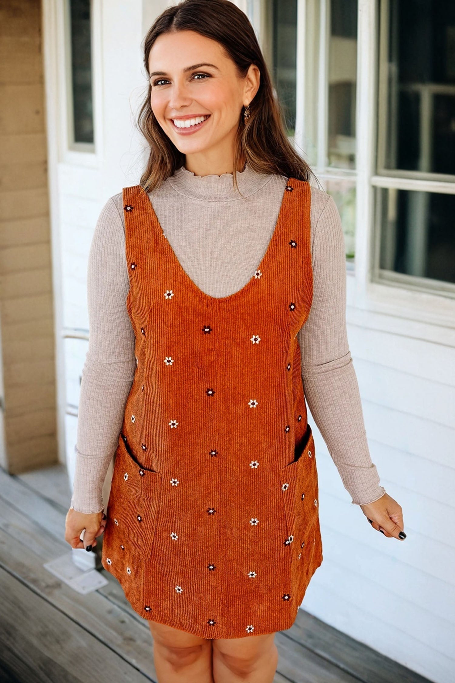 Flower Embroidered Corduroy Overall Mini Dress - eAura