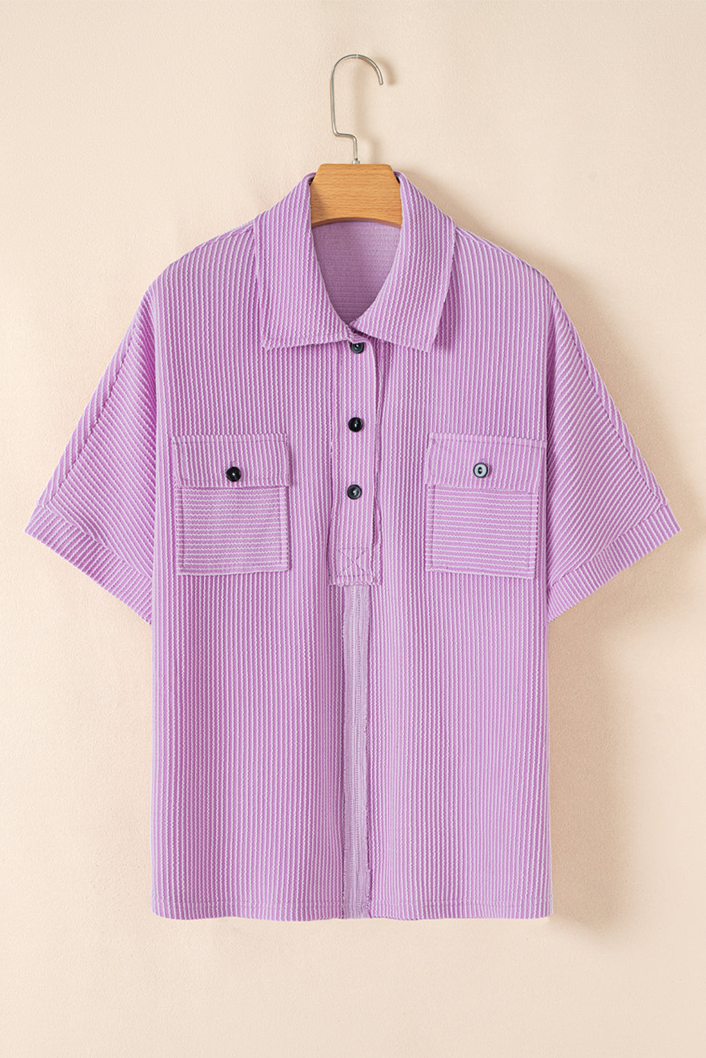 Orchid Bouquet Ribbed Flap Pocket Collared Buttoned Short Sleeve Top eAura