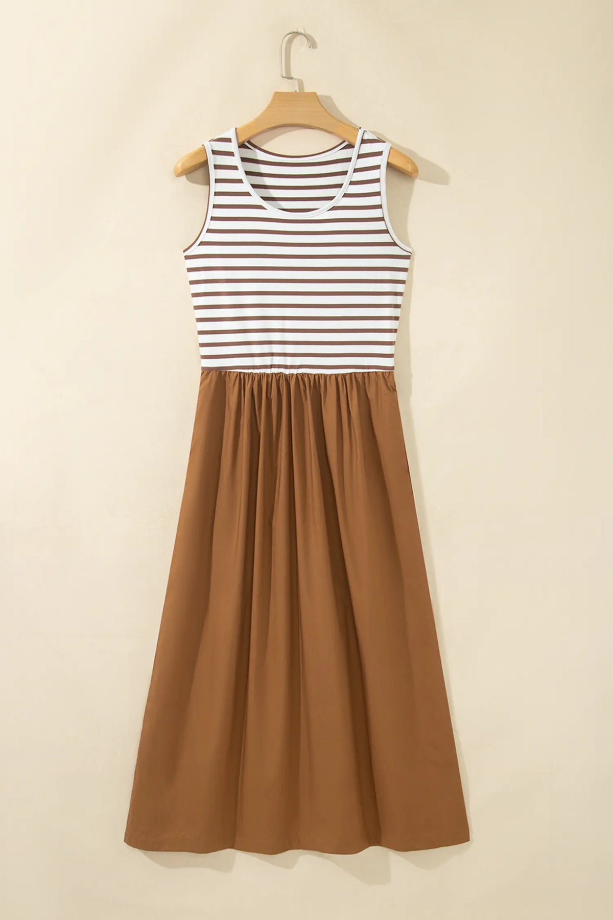 Chestnut Striped Colourblock Patchwork Sleeveless Casual Long Dress – Brown