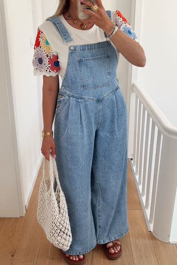 Blue Pleated Wide Leg Retro Pocketed Denim Dungarees Jumpsuit