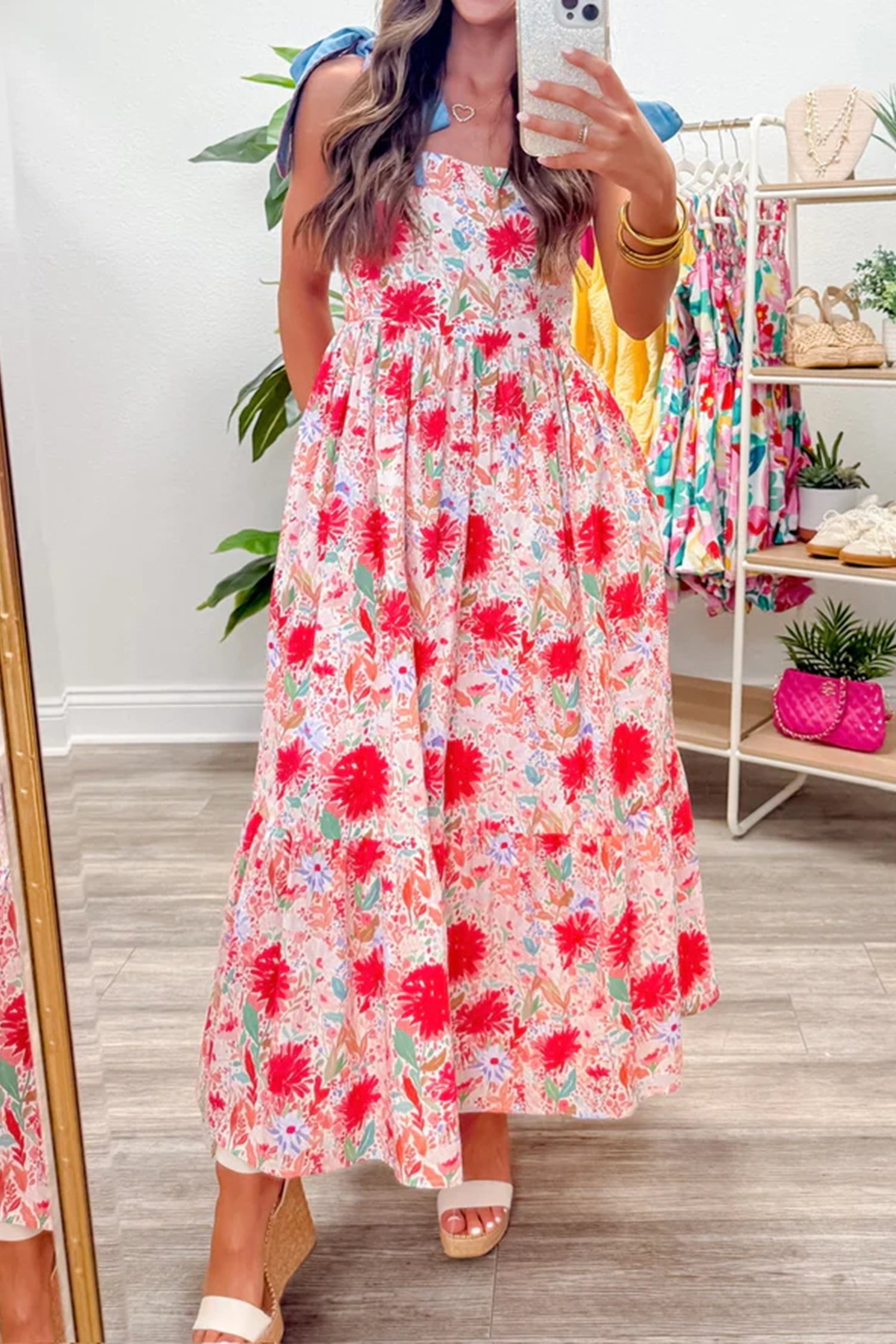 Floral Print Contrast Stitched Knot Denim Straps Maxi Dress