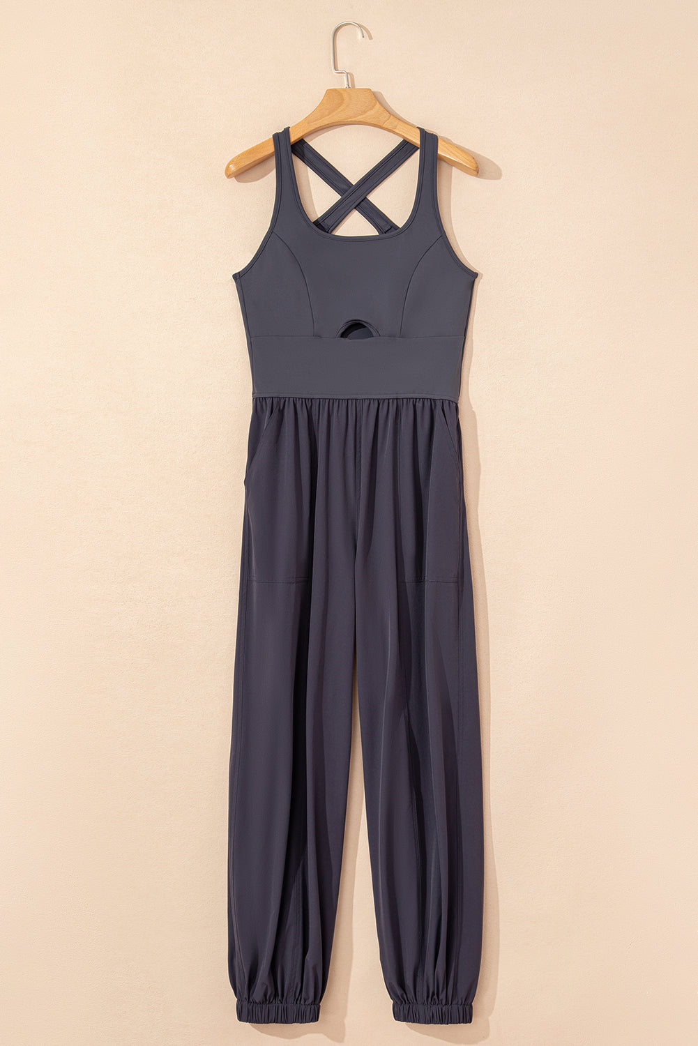 Carbon Grey Back Crossed Straps Hollow Out Jogger Jumpsuit eAura