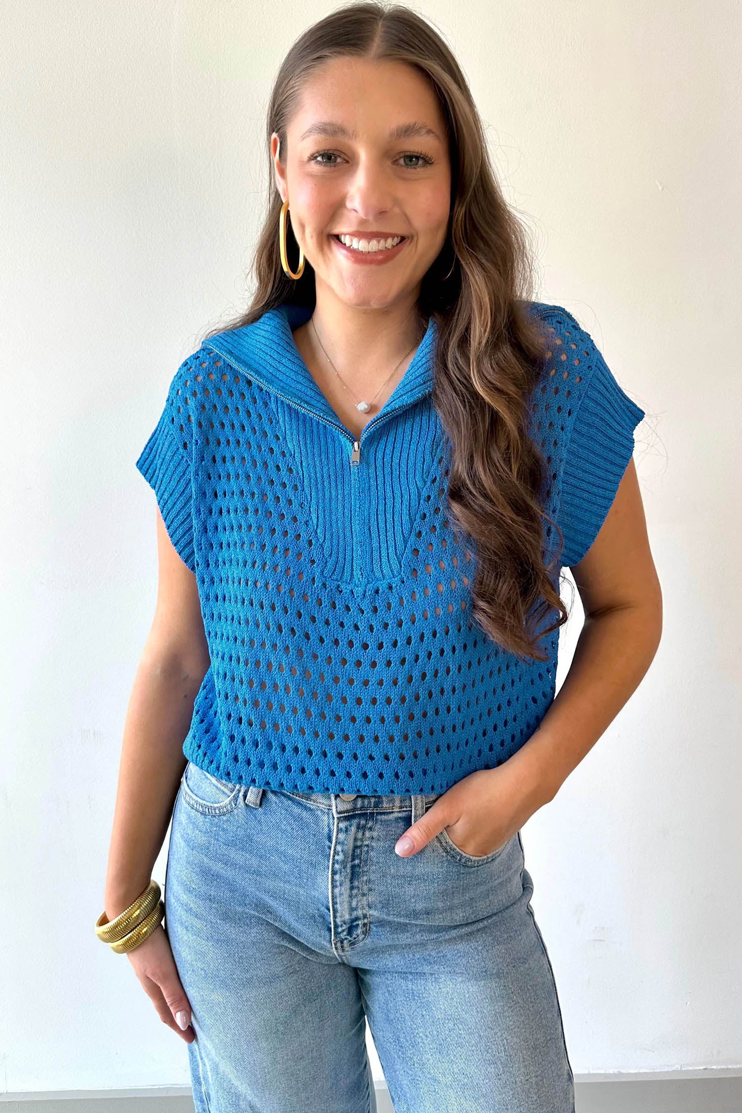 Sky Blue Solid Color Hollowed Knit Short Sleeve Zipper Collar Knitwear Top – Light Blue