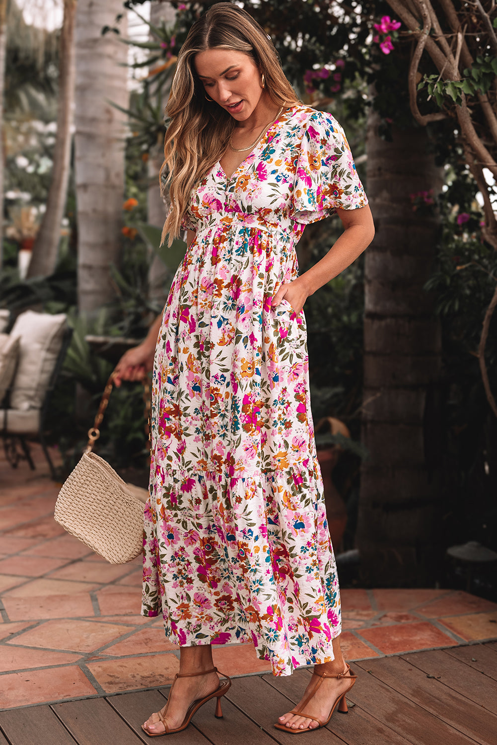 Red Floral Short Sleeve V Neck High Waist Maxi Dress eAura
