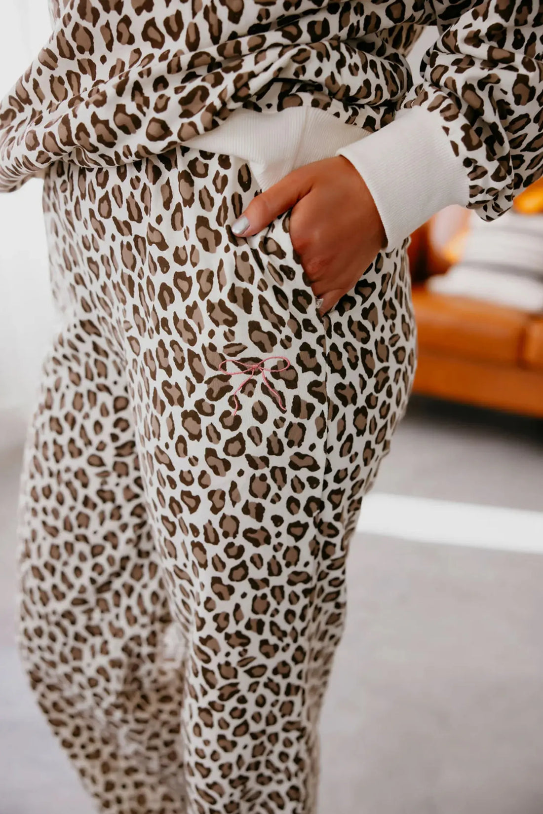 Leopard Print Embroidery Colourblock Details Pant Set – Khaki