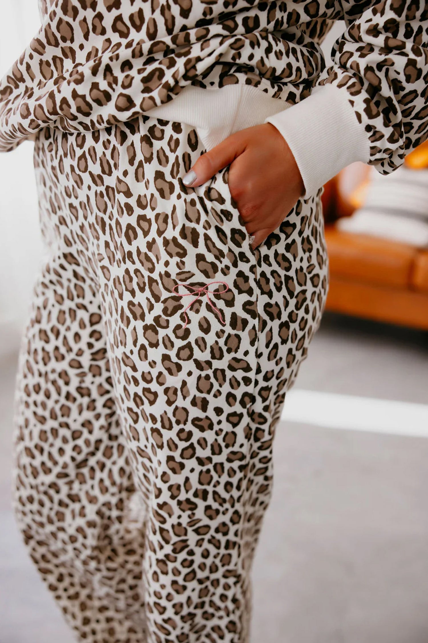 Leopard Print Embroidery Colorblock Details Pant Set – Khaki