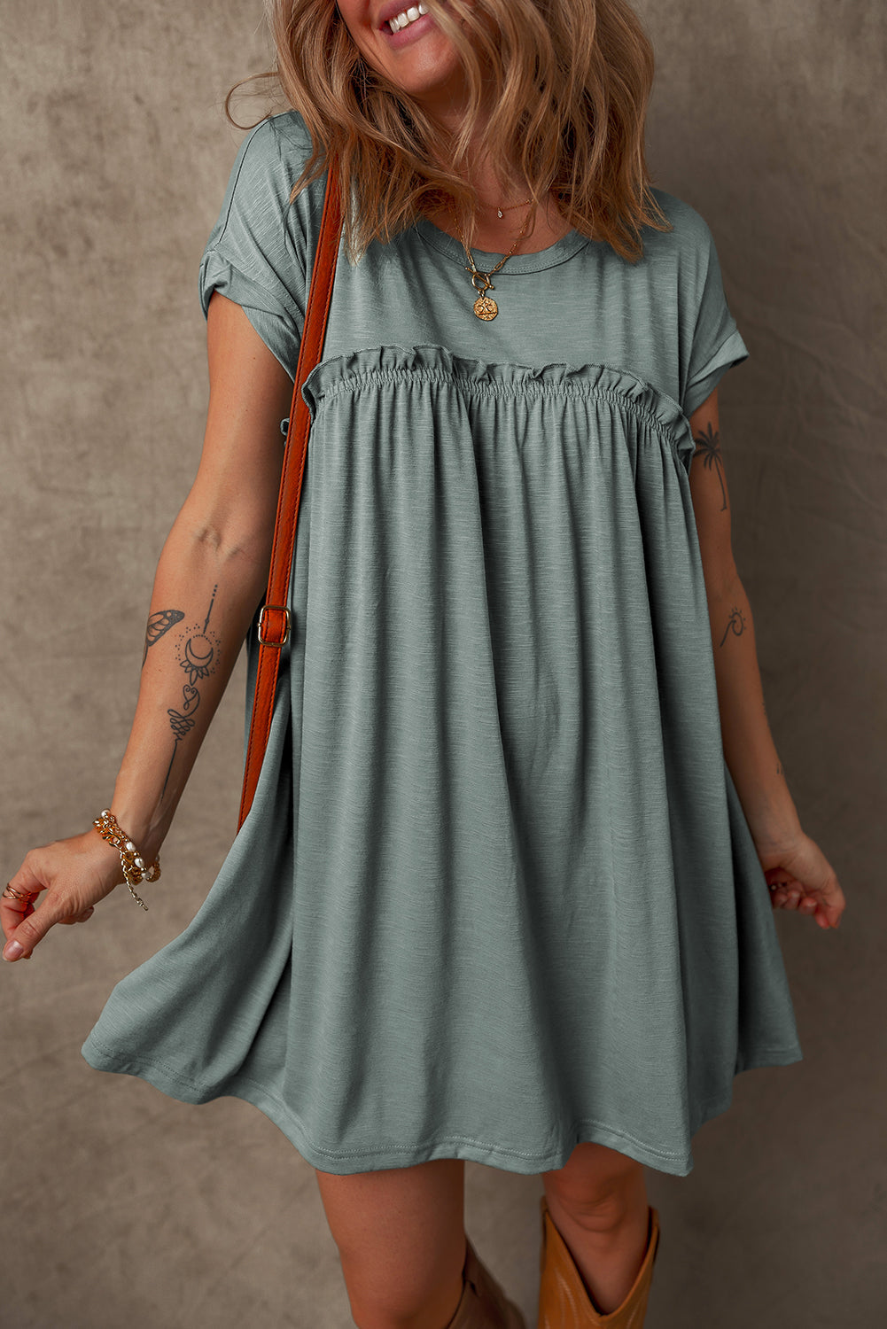 Mist Green Frilled Gathered Seam Round Neck T Shirt Dress eAura