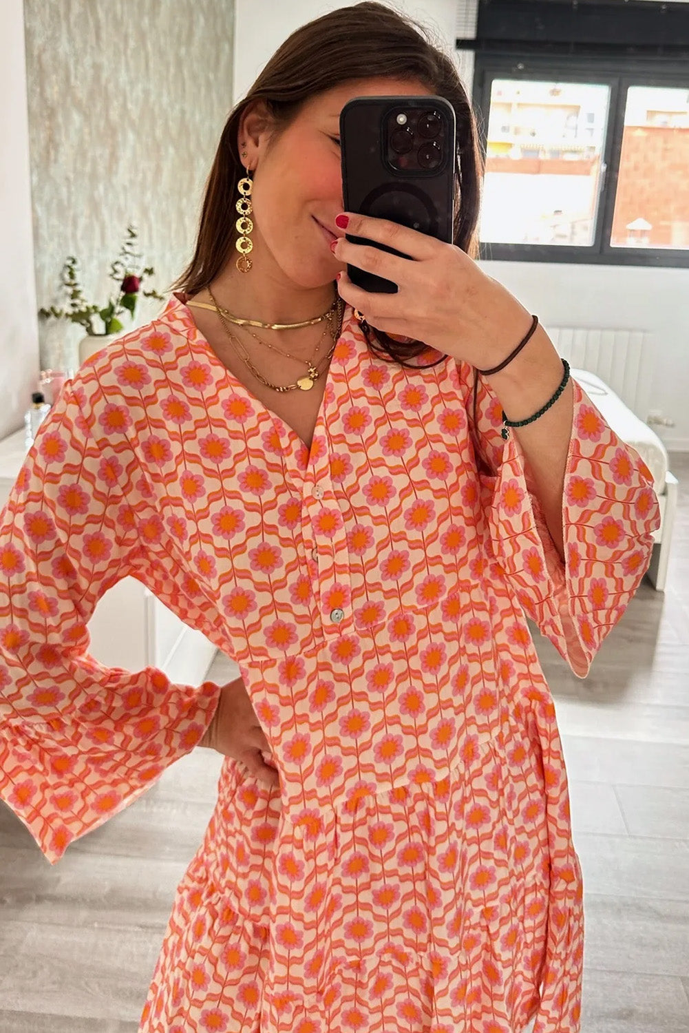 Orange Floral Print Flounce Sleeve Buttoned Front Mini Dress eAura