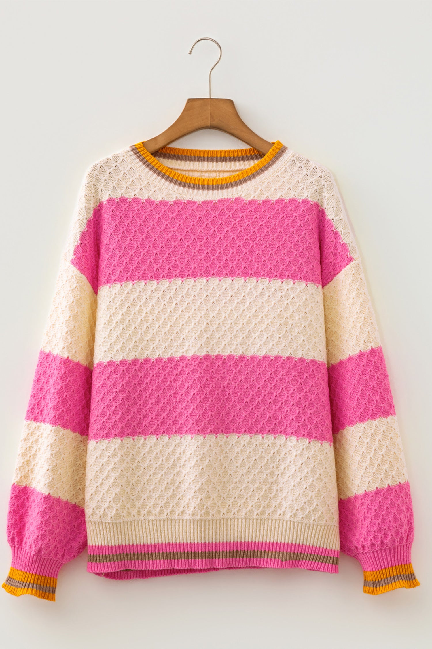 Striped Colorblock Texture Drop Shoulder Sweater – Pink Stripe