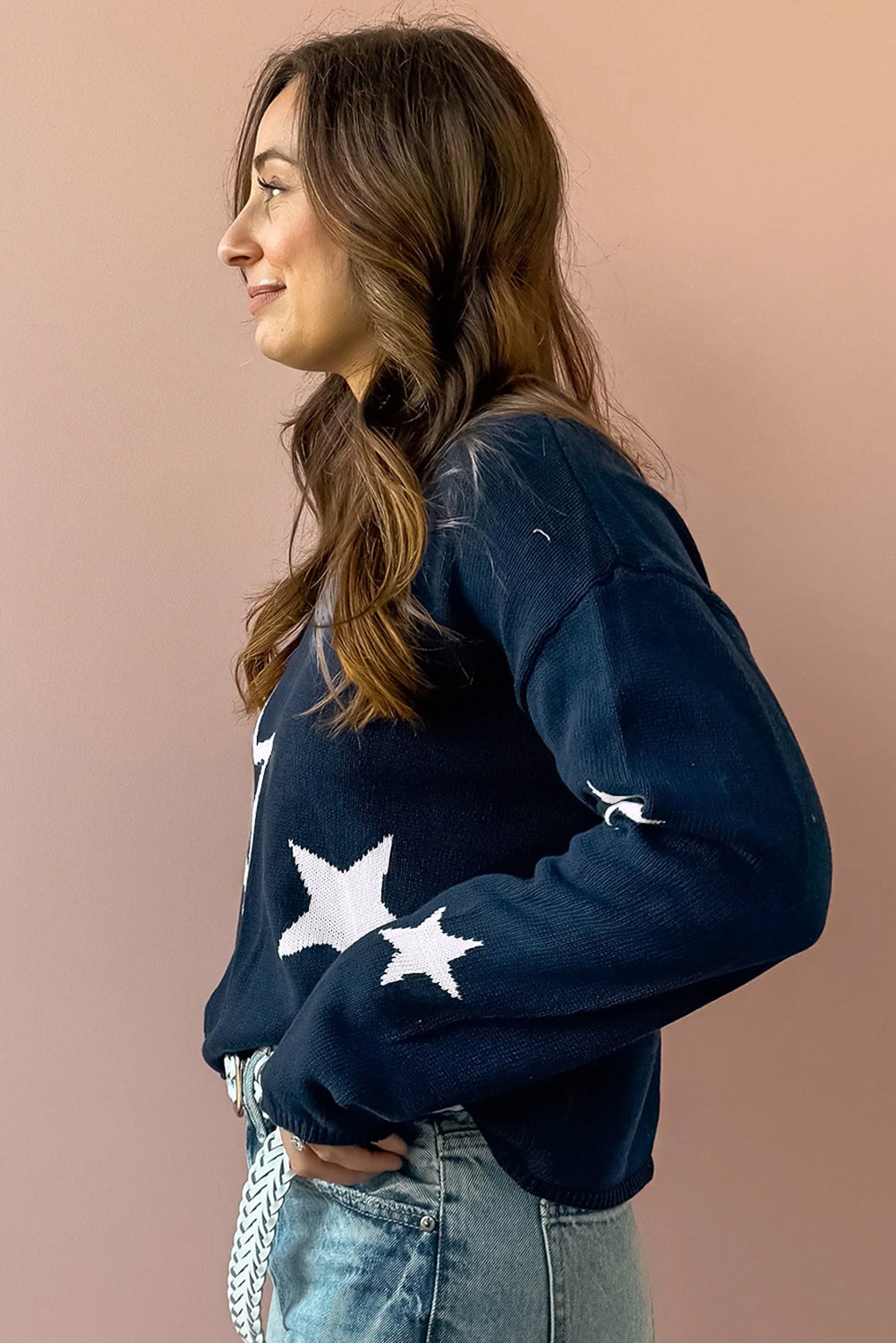 Sail Blue Star Pattern Drop Shoulder Knitted Sweater eAura