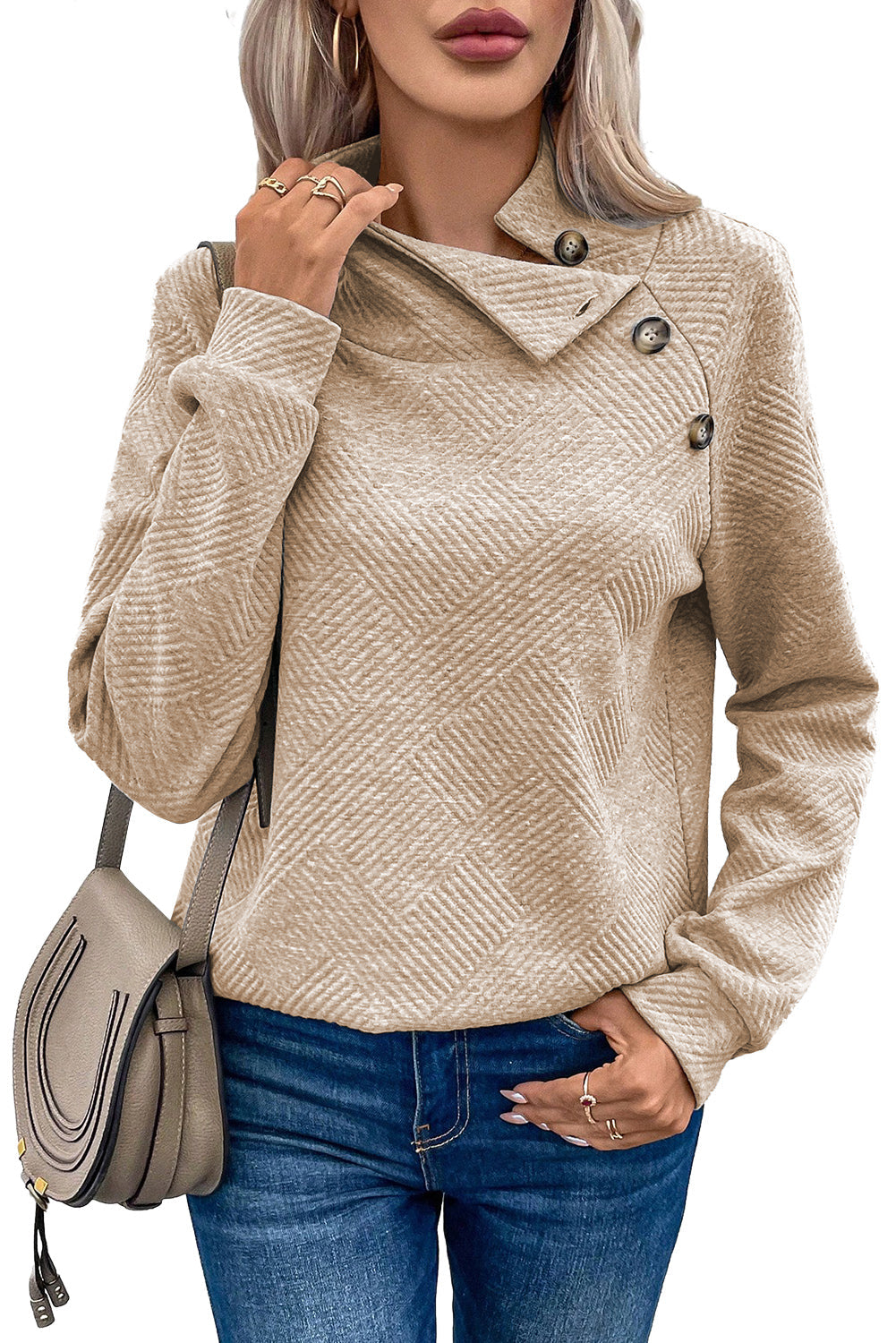 Asymmetric Buttons Detail High Neck Textured Sweatshirt eAura