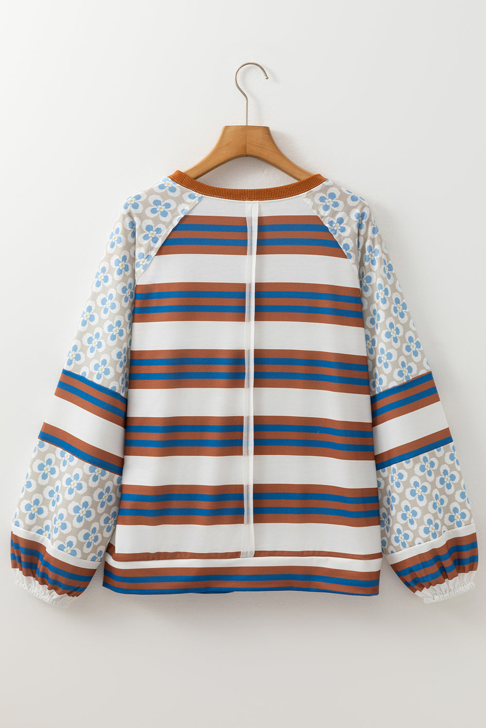 White Striped Floral Printed Patchwork Lantern Sleeve Blouse BB Fashion Outlet