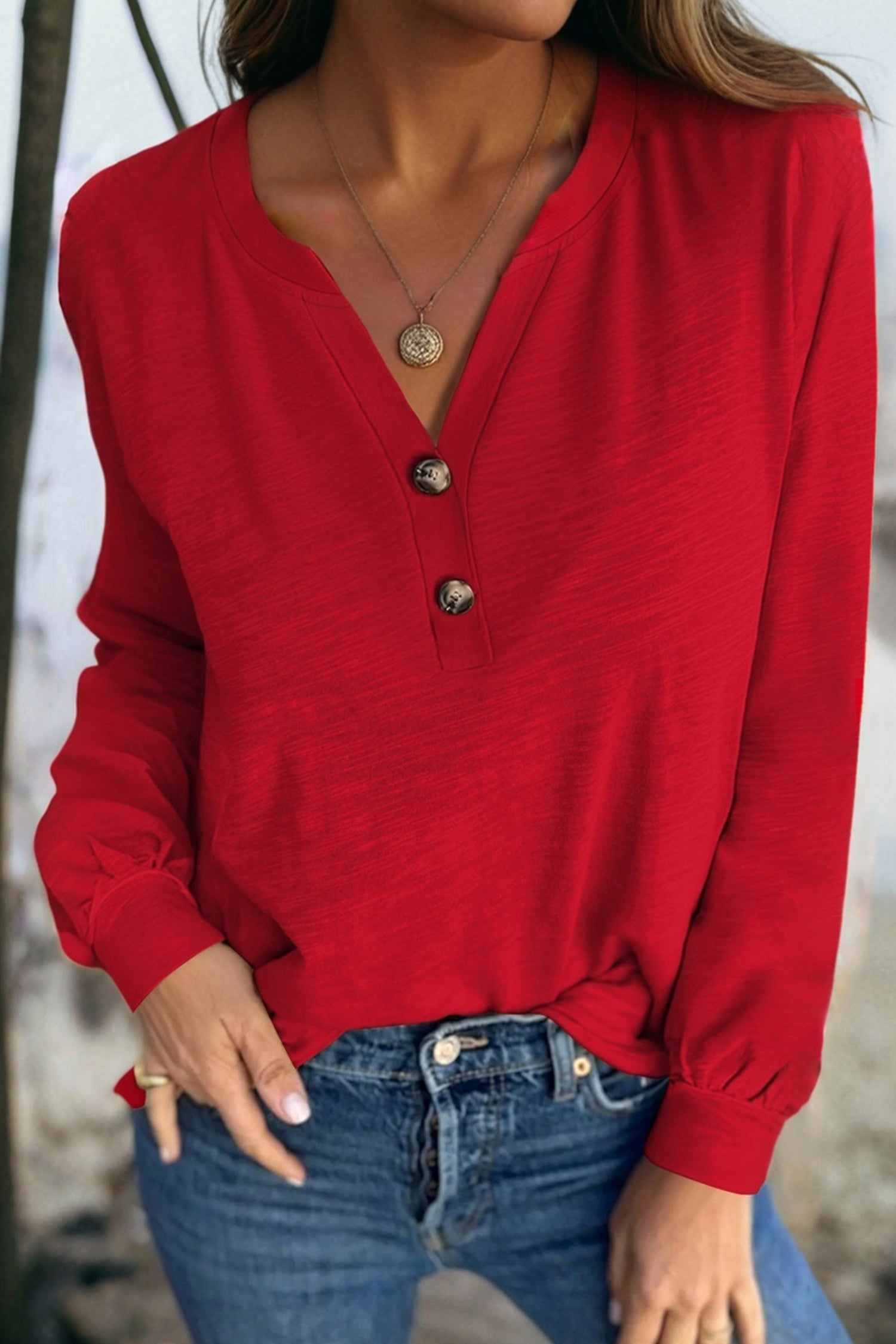 Button V-Neck Long Sleeve Top - eAura
