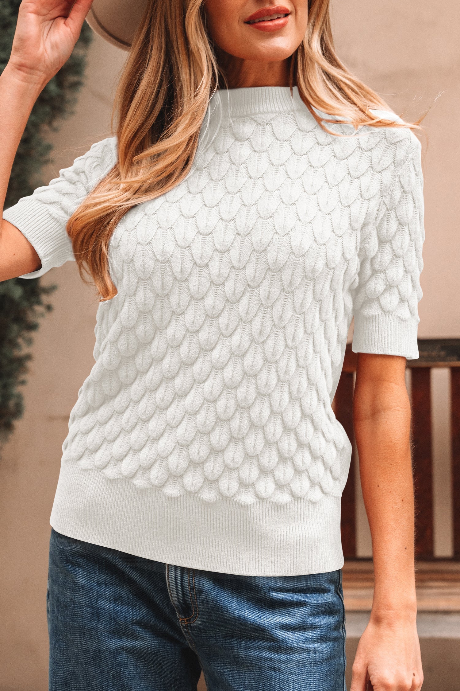 Fish Scale Textured Knit Ribbed High Neck Short Sleeve Sweater - eAura