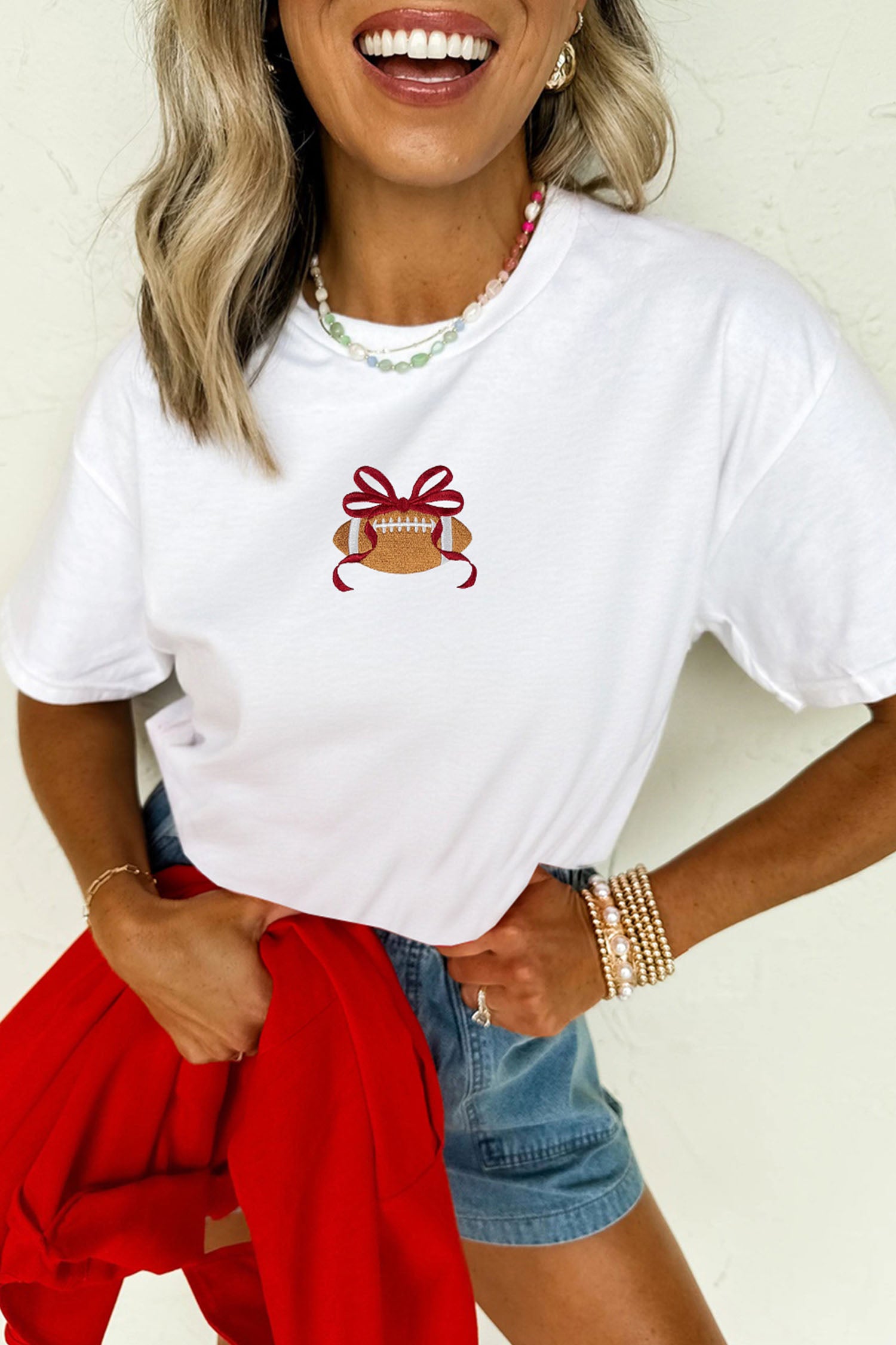 Embroidered Bow Rugby Graphic Casual T-Shirt – White