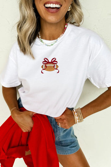 Embroidered Bow Rugby Graphic Casual T-Shirt – White