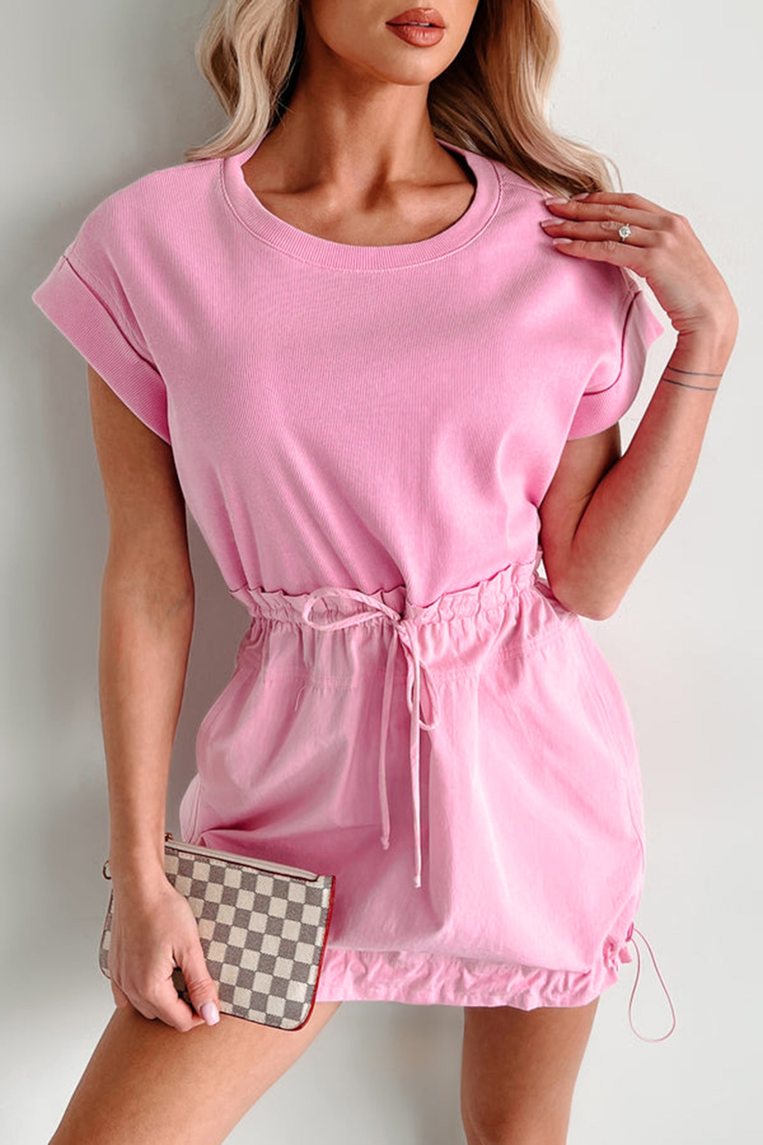 Cuffed Short Sleeve Mix Fabric Patchwork Drawstring Mini Dress – Bonbon