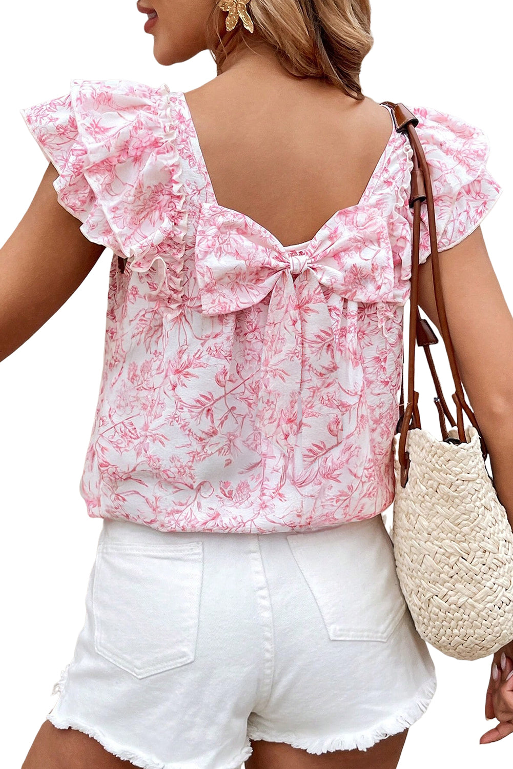 Floral Ruffled Short Sleeve Bow Back Square Neck Blouse eAura