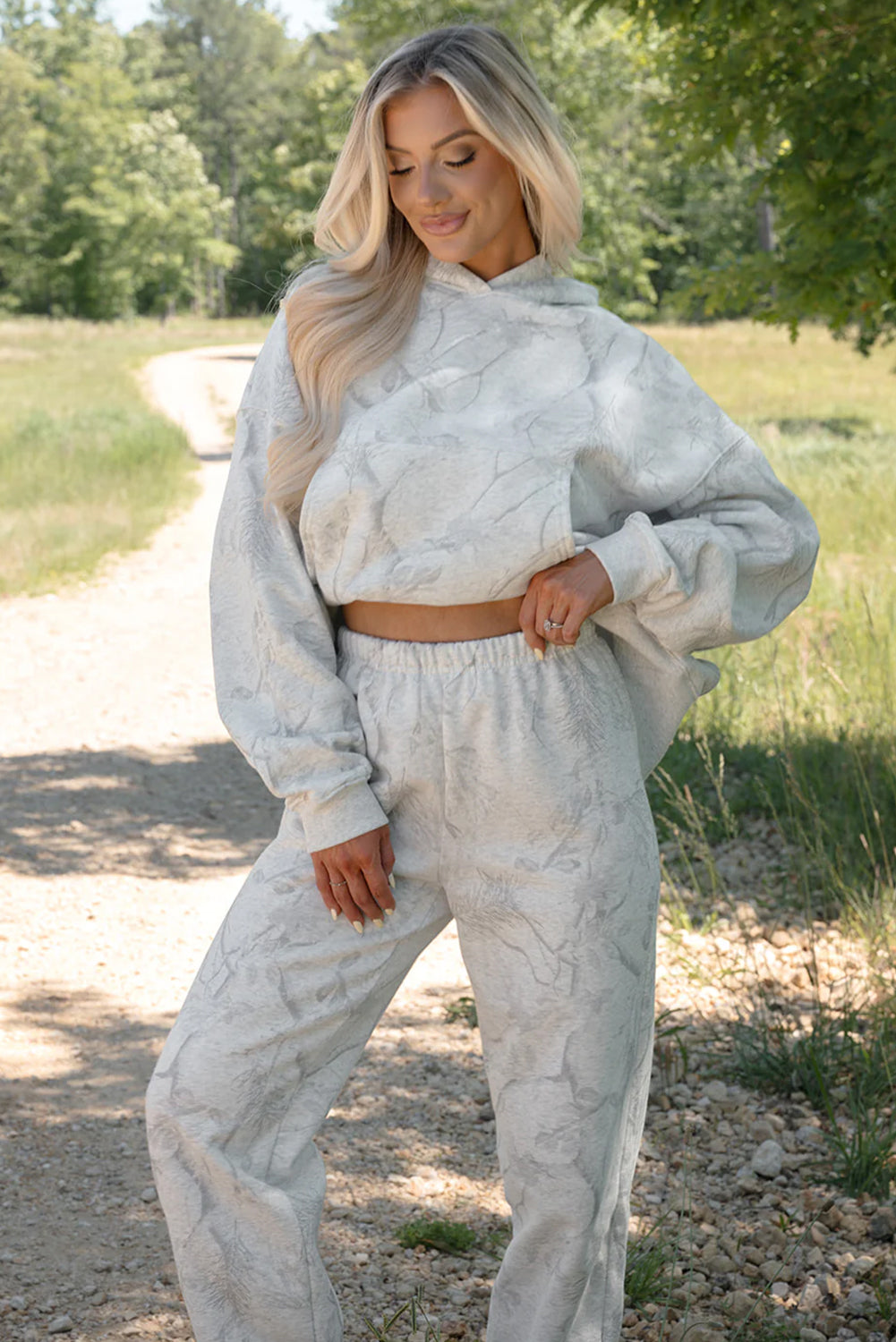 Light Grey Abstract Print Loose Drop Sleeve Hoodie Elastic Waistband 2pcs Pant Set - Two Piece Sets/Pant Sets