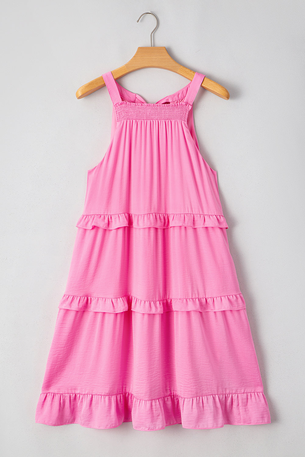Pink Smocked Neck Knot Back Frilly Tiered Sleeveless Mini Dress BB Fashion Outlet
