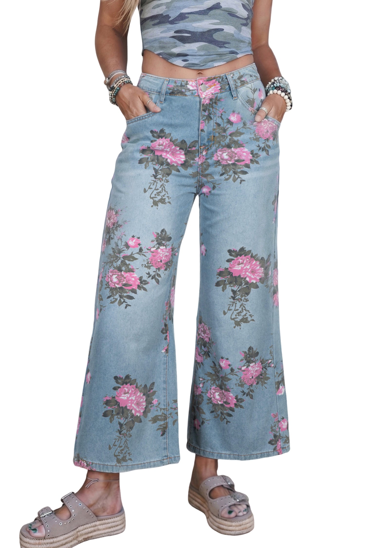 Floral Print Bootcut Jeans – Sky Blue Denim