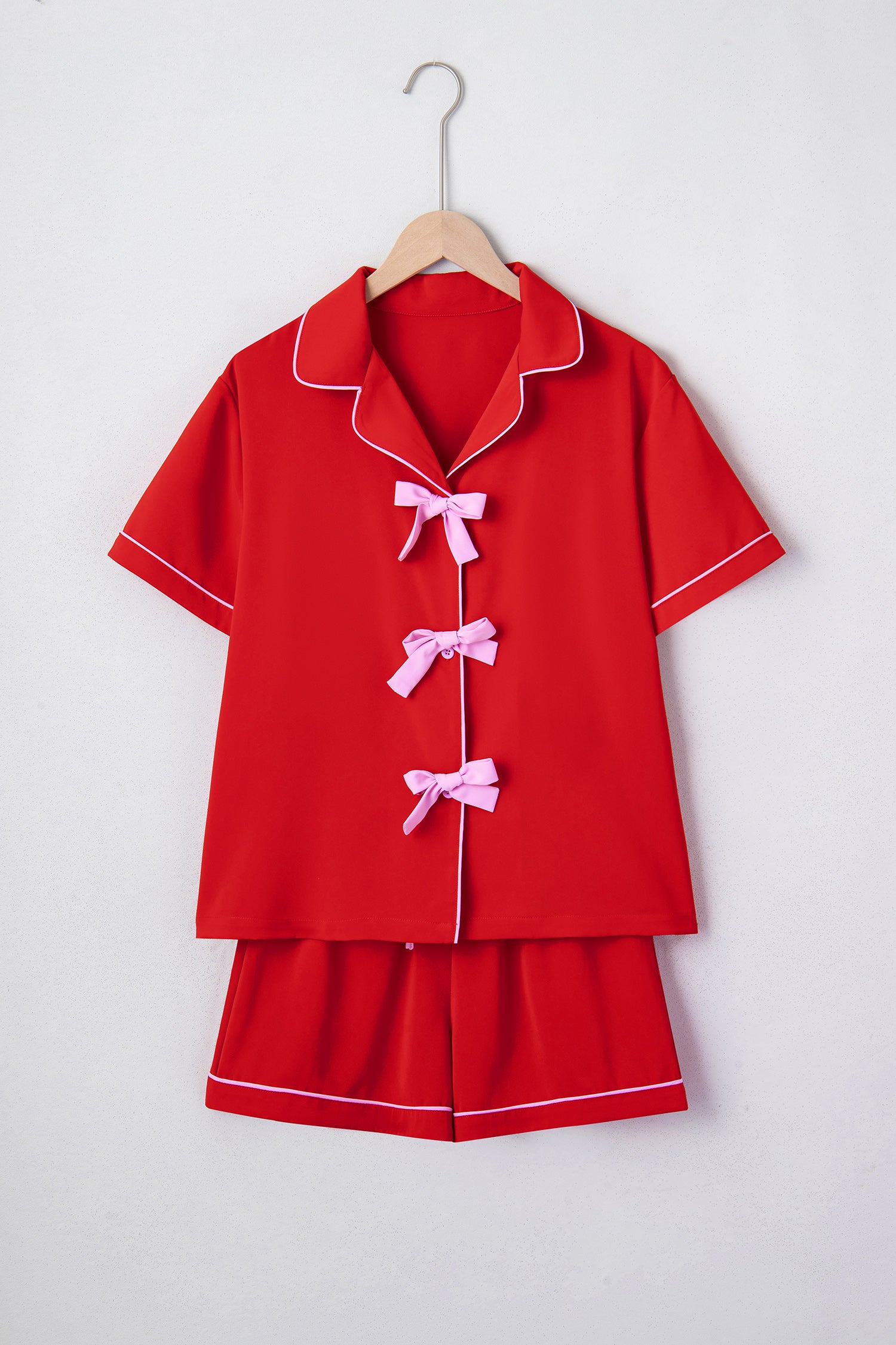 Contrast Trim Ribbon Bow Short Silky 2pcs Pajama Set – Fiery Red